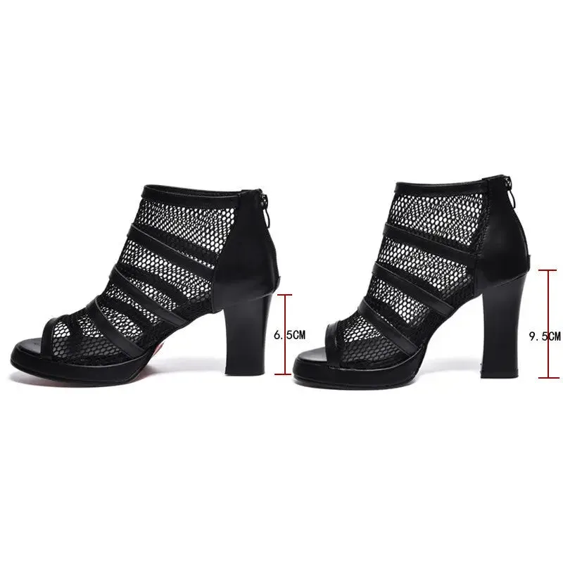 Mesh Shoes Women's Heels: Elegant Mesh Heels with Zipper Closure & Thick Heel