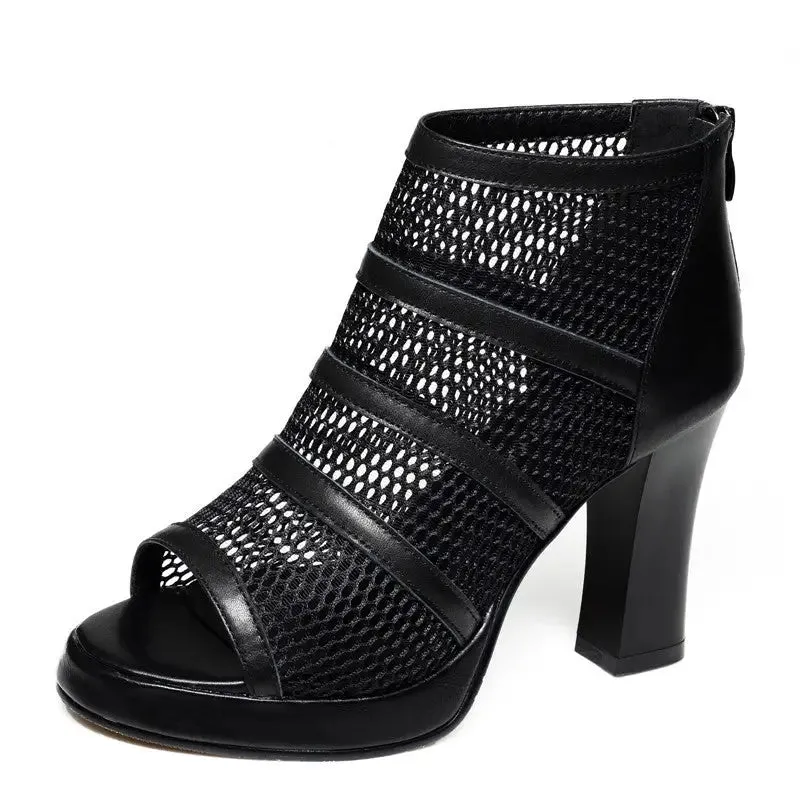 Mesh Shoes Women's Heels: Elegant Mesh Heels with Zipper Closure & Thick Heel