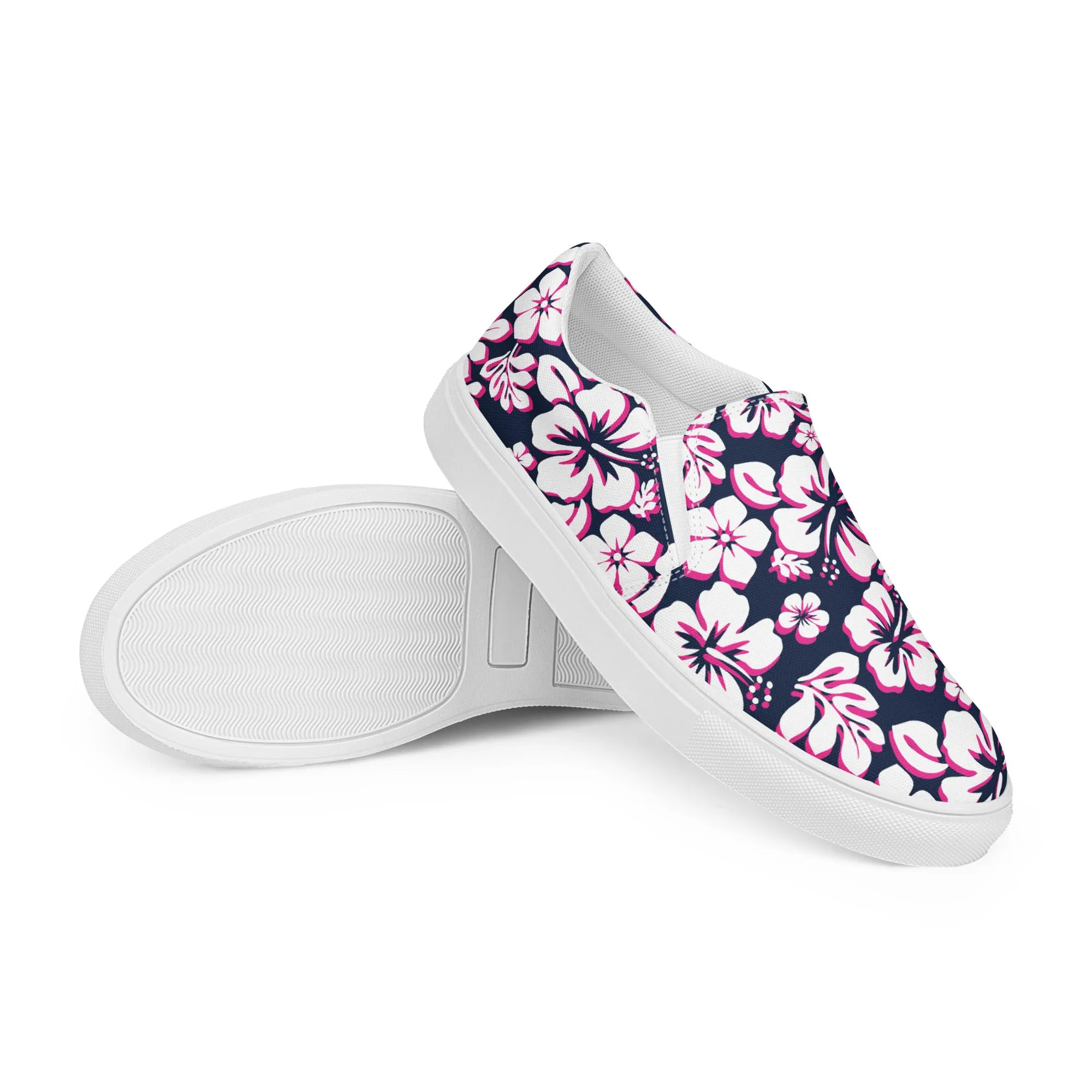 Navy Blue, Hot Pink and White Hawaiian Flowers Women's Slip On Canvas Shoes