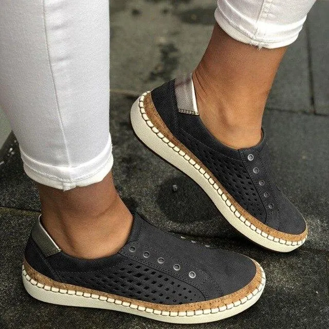 New Women's Shoes Hollow Out woman shoes Striped Vulcanize Breathable Elastic Retro Casual Flats Suitable Wide Leg Woman Sneaker