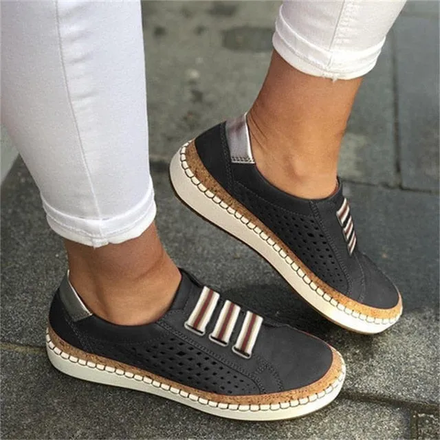 New Women's Shoes Hollow Out woman shoes Striped Vulcanize Breathable Elastic Retro Casual Flats Suitable Wide Leg Woman Sneaker