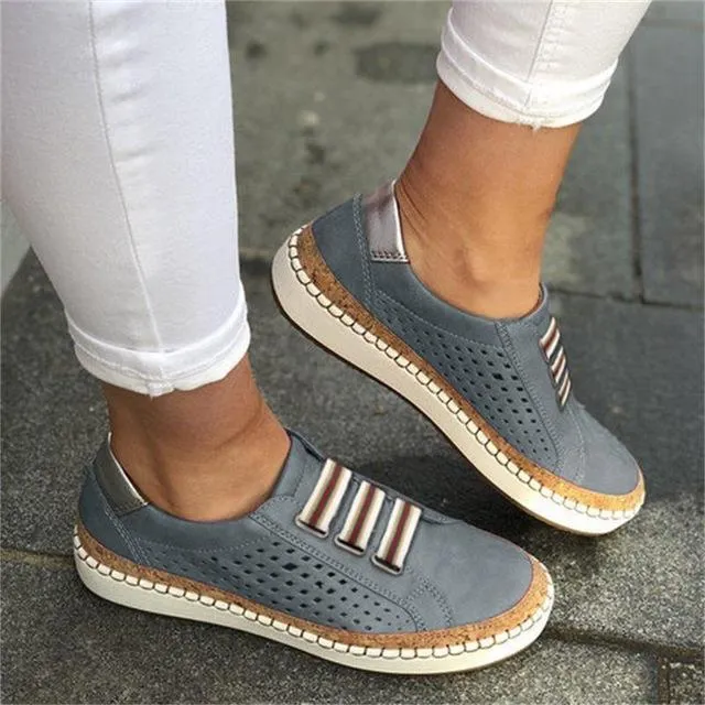 New Women's Shoes Hollow Out woman shoes Striped Vulcanize Breathable Elastic Retro Casual Flats Suitable Wide Leg Woman Sneaker