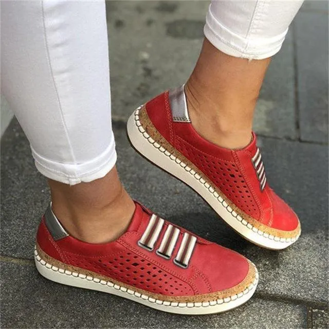 New Women's Shoes Hollow Out woman shoes Striped Vulcanize Breathable Elastic Retro Casual Flats Suitable Wide Leg Woman Sneaker