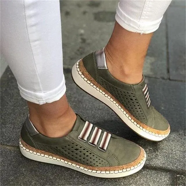 New Women's Shoes Hollow Out woman shoes Striped Vulcanize Breathable Elastic Retro Casual Flats Suitable Wide Leg Woman Sneaker