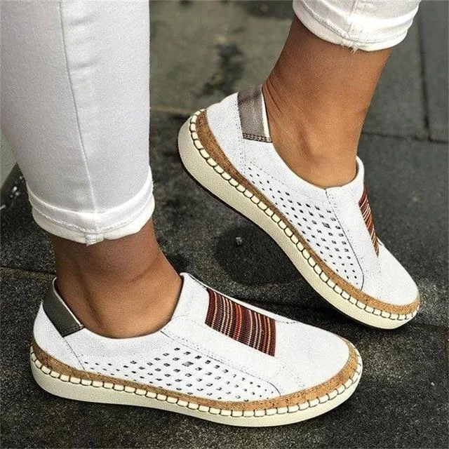 New Women's Shoes Hollow Out woman shoes Striped Vulcanize Breathable Elastic Retro Casual Flats Suitable Wide Leg Woman Sneaker