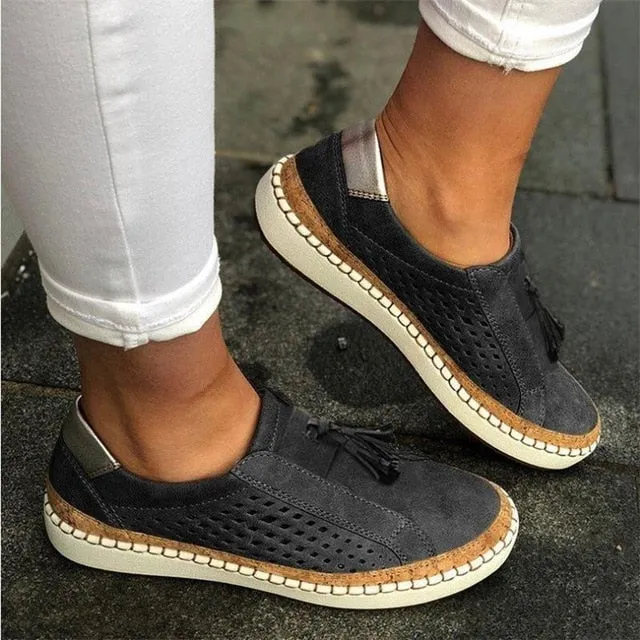 New Women's Shoes Hollow Out woman shoes Striped Vulcanize Breathable Elastic Retro Casual Flats Suitable Wide Leg Woman Sneaker