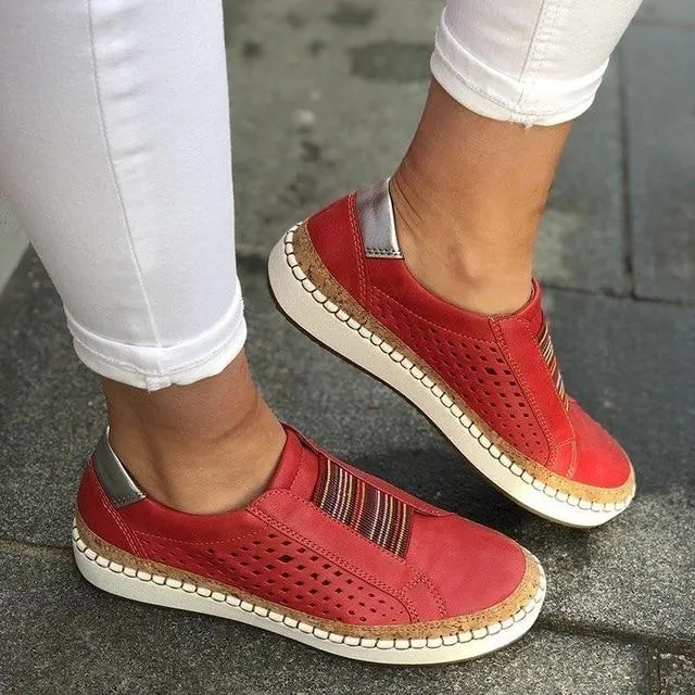 New Women's Shoes Hollow Out woman shoes Striped Vulcanize Breathable Elastic Retro Casual Flats Suitable Wide Leg Woman Sneaker