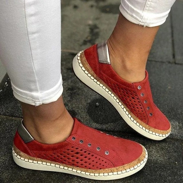 New Women's Shoes Hollow Out woman shoes Striped Vulcanize Breathable Elastic Retro Casual Flats Suitable Wide Leg Woman Sneaker