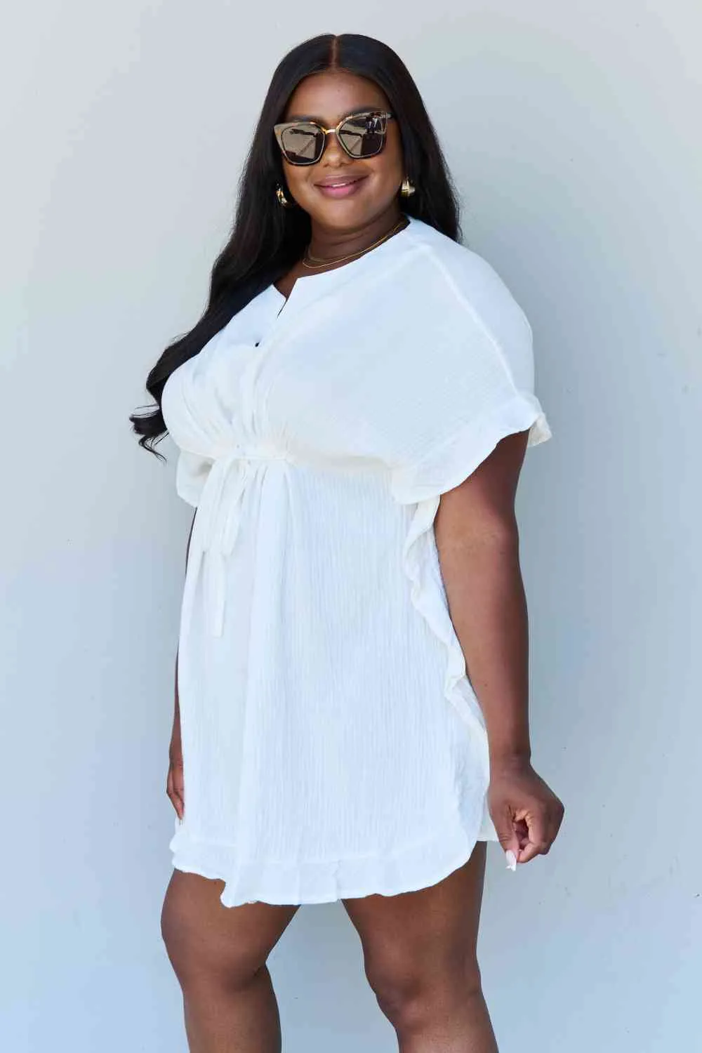 Ninexis Out Of Time Full Size Ruffle Hem Dress with Drawstring Waistband in White