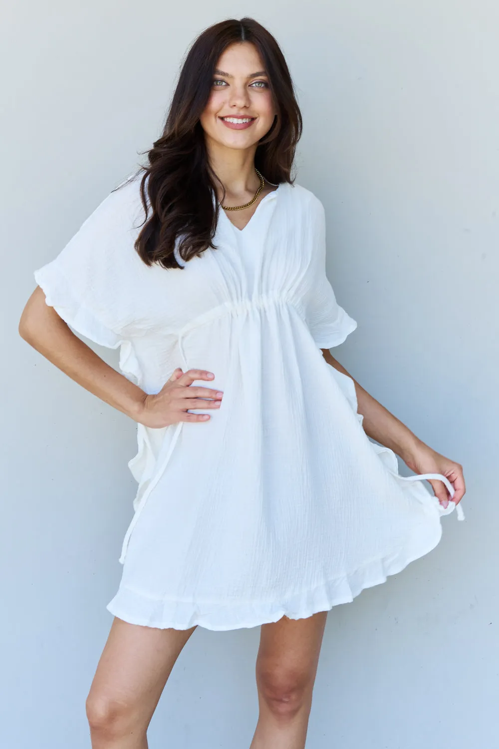 Ninexis Ruffle Hem Dress with Drawstring Waistband in White