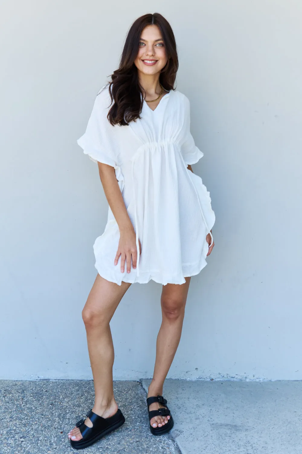 Ninexis Ruffle Hem Dress with Drawstring Waistband in White