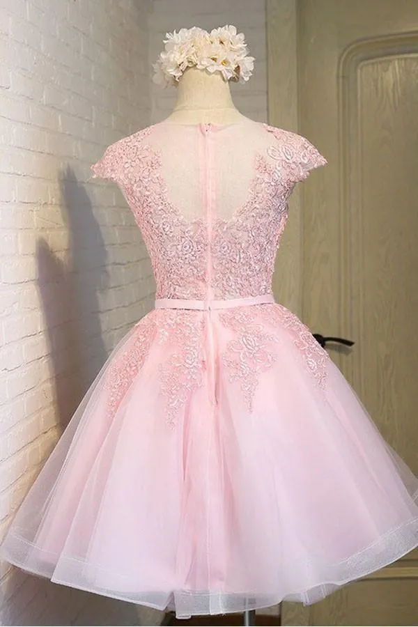 Pink Lace Short Tulle Homecoming Dresses Party Dresses with Cap Sleeves  PG138