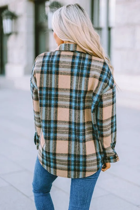 Plaid Block Buttoned Shirt with Pockets