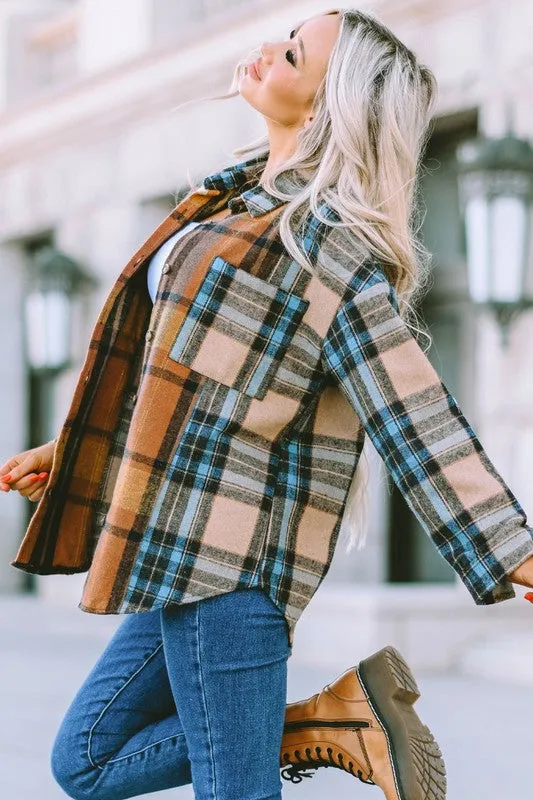 Plaid Block Buttoned Shirt with Pockets