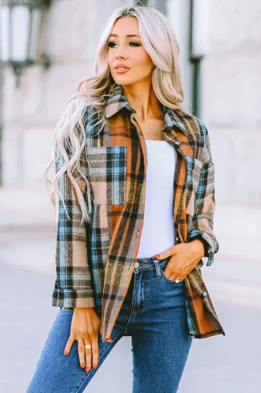 Plaid Block Buttoned Shirt with Pockets