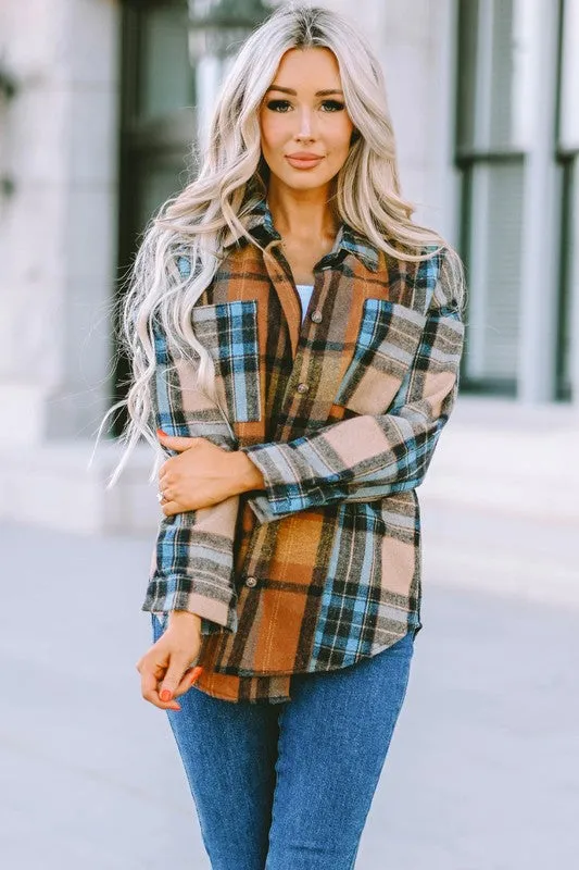 Plaid Block Buttoned Shirt with Pockets