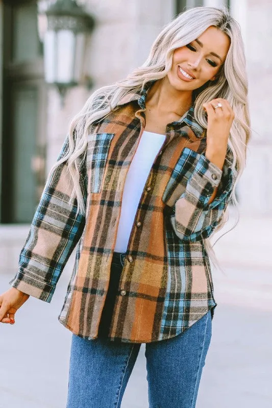 Plaid Block Buttoned Shirt with Pockets