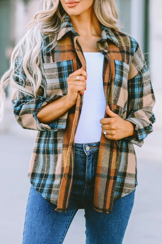 Plaid Block Buttoned Shirt with Pockets