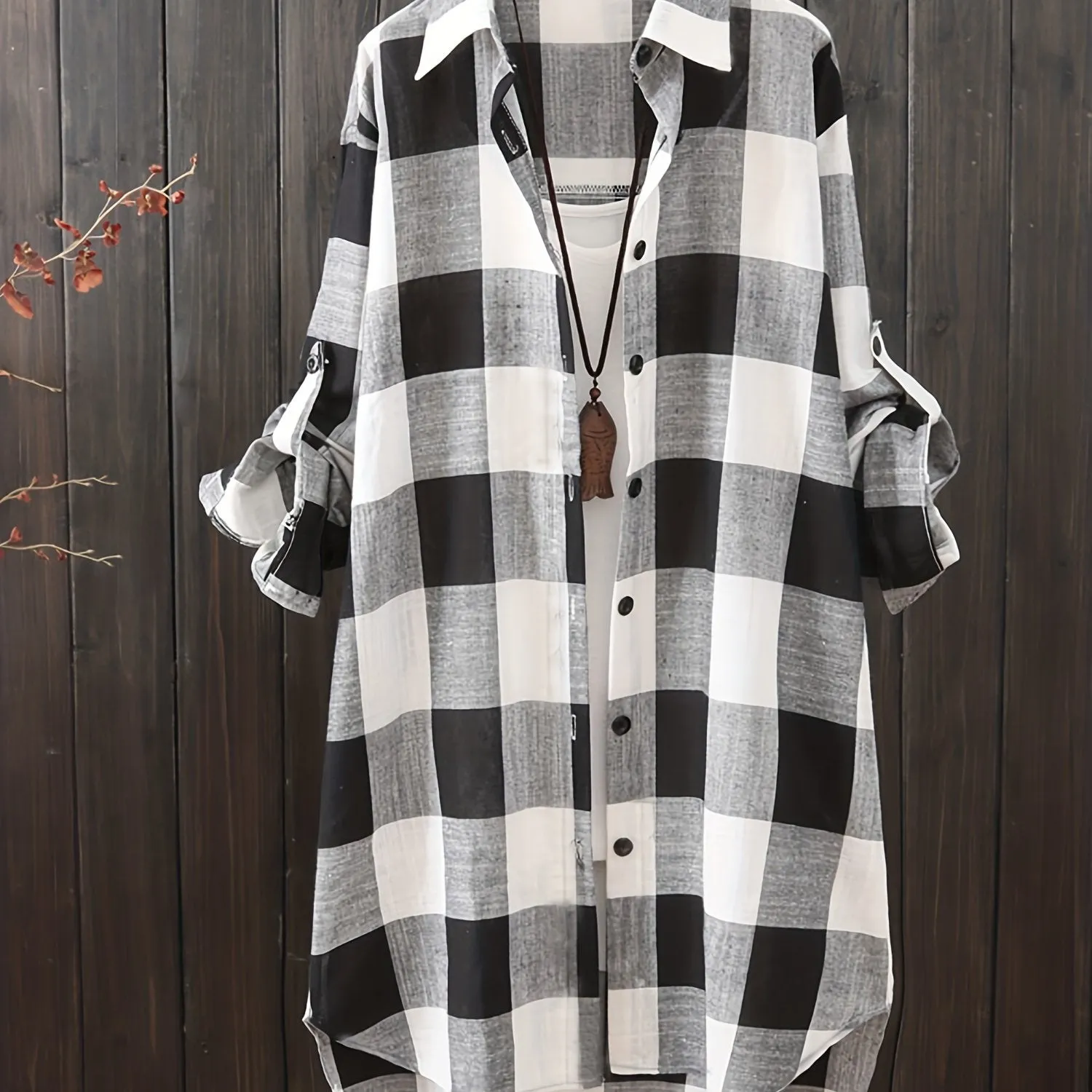 Plaid Print Dipped Hem Shirt Fashionable Womens ButtonDown