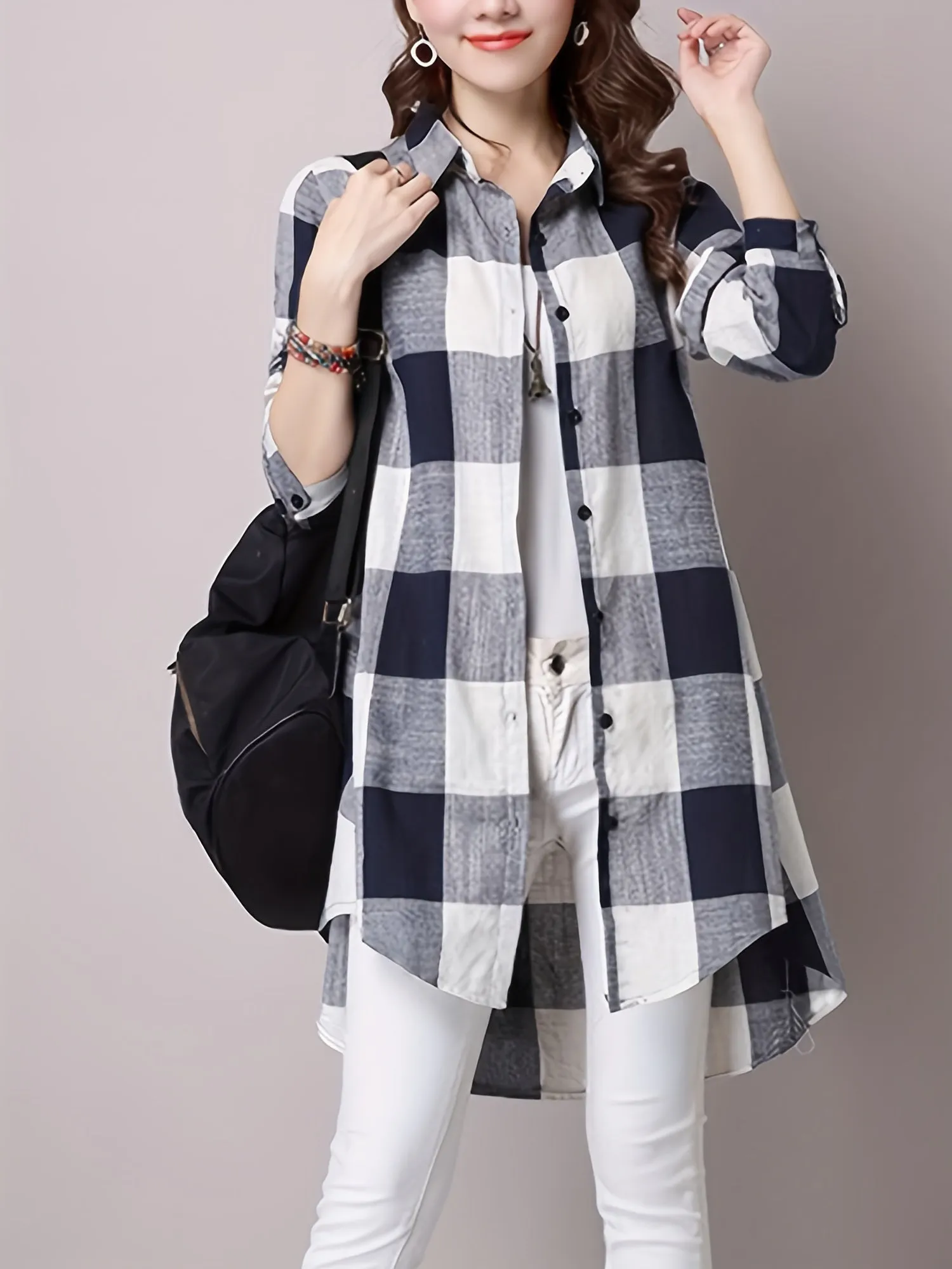 Plaid Print Dipped Hem Shirt Fashionable Womens ButtonDown