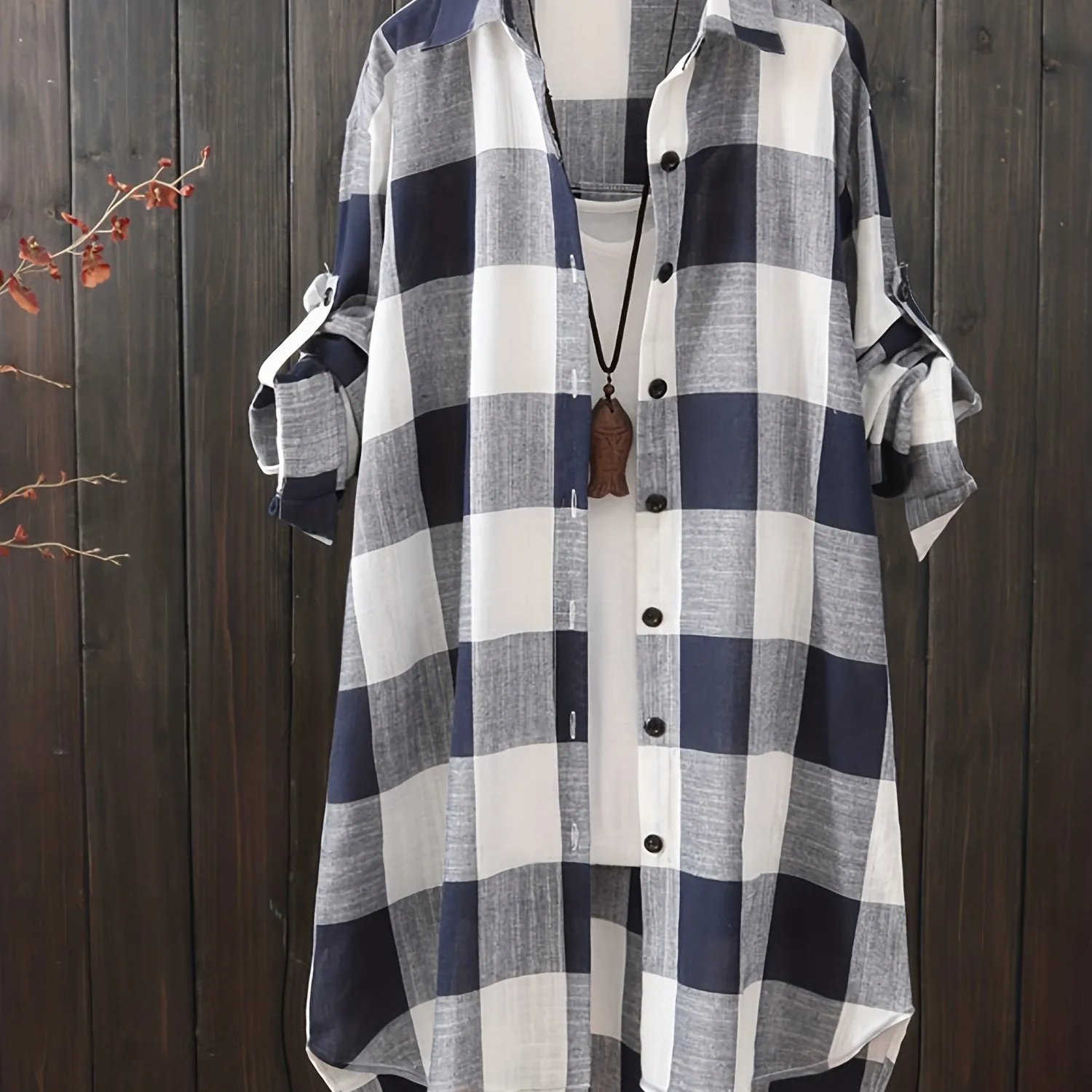 Plaid Print Dipped Hem Shirt Fashionable Womens ButtonDown