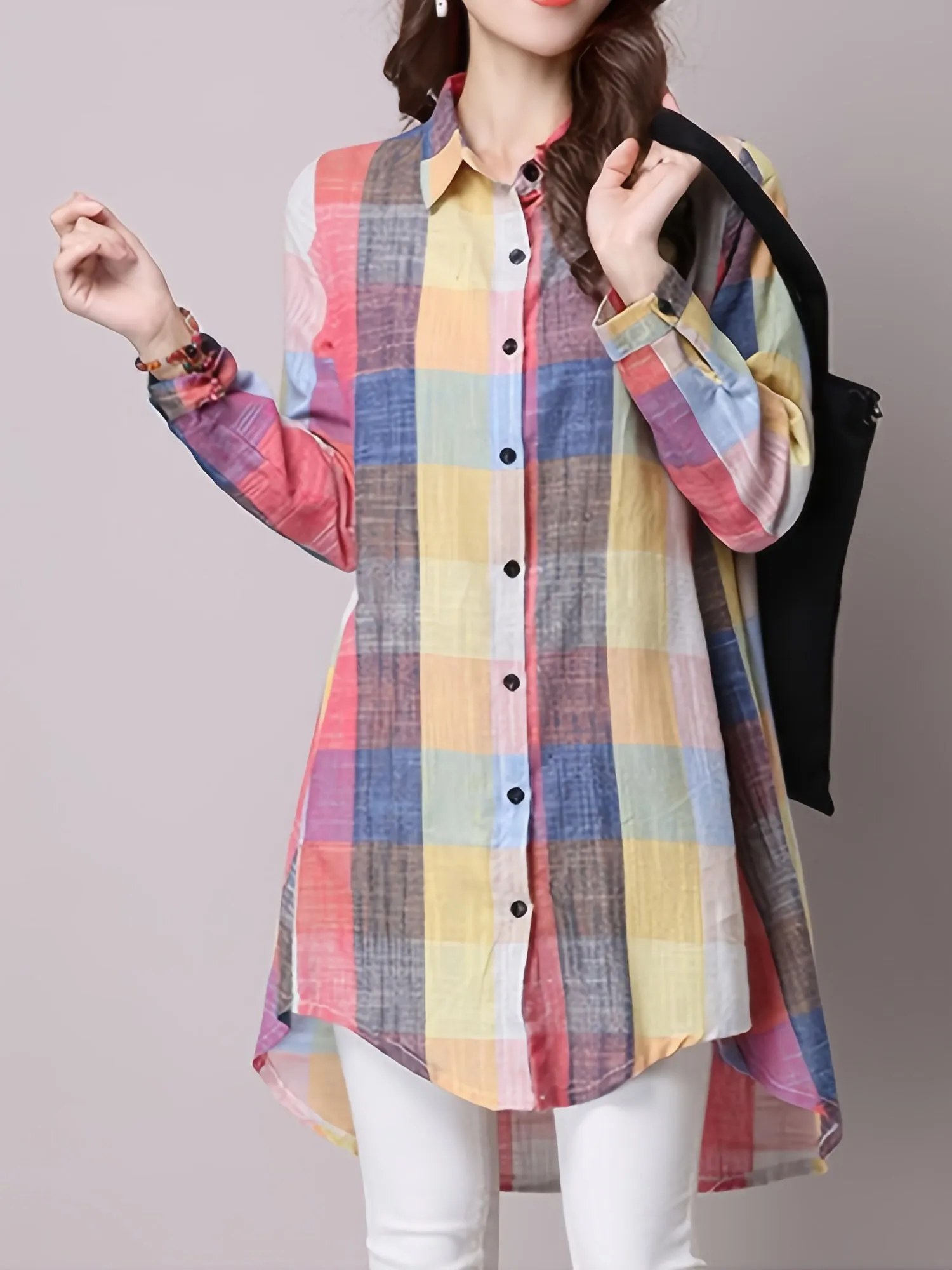 Plaid Print Dipped Hem Shirt Fashionable Womens ButtonDown