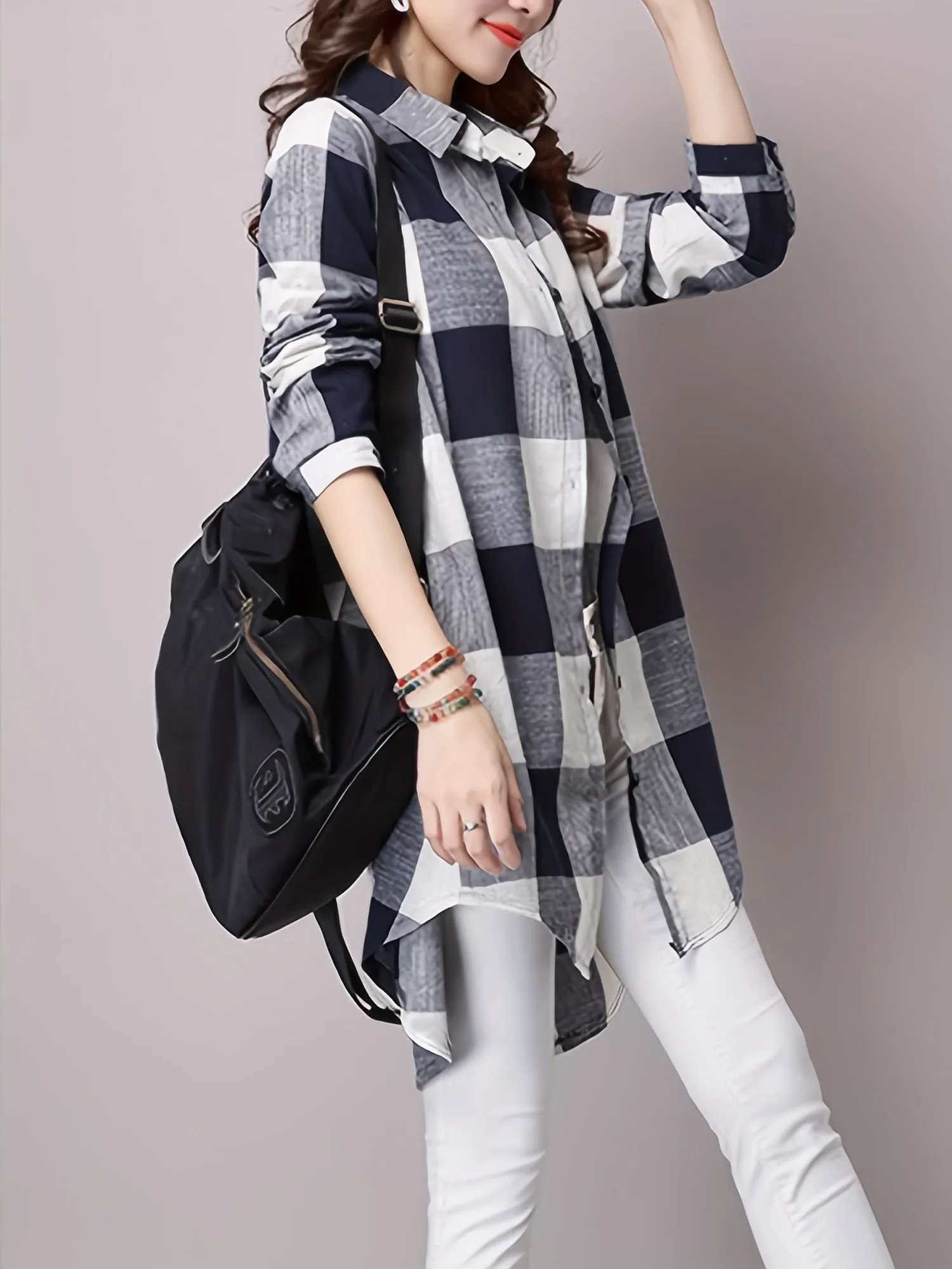 Plaid Print Dipped Hem Shirt Fashionable Womens ButtonDown