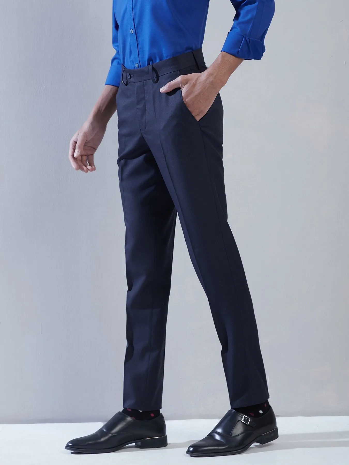 Poly Viscose Navy Blue Plain Slim Fit Flat Front Formal Trouser