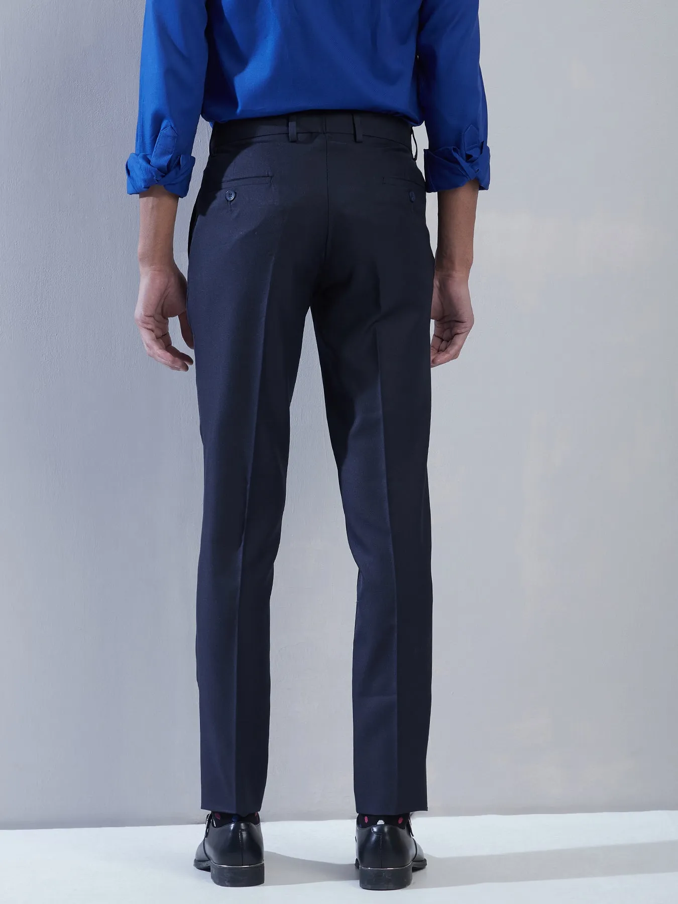 Poly Viscose Navy Blue Plain Slim Fit Flat Front Formal Trouser