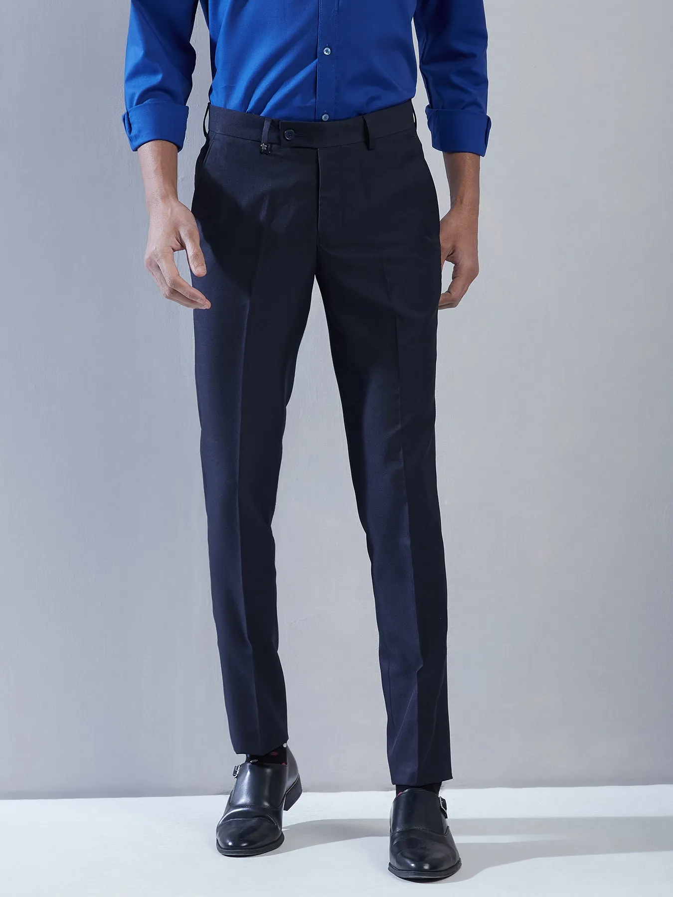 Poly Viscose Navy Blue Plain Slim Fit Flat Front Formal Trouser