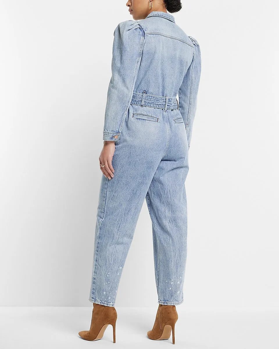 Puff Sleeve Tie Waist Medium Wash Denim Jumpsuit in Medium Wash