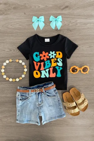 "Good Vibes Only" Groovy Denim Short Set