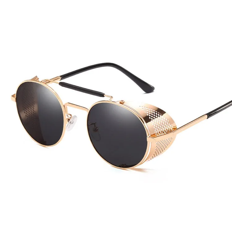 Retro Round Metal Sunglasses Unisex Design UV Protection Glasses(Gold Grey)