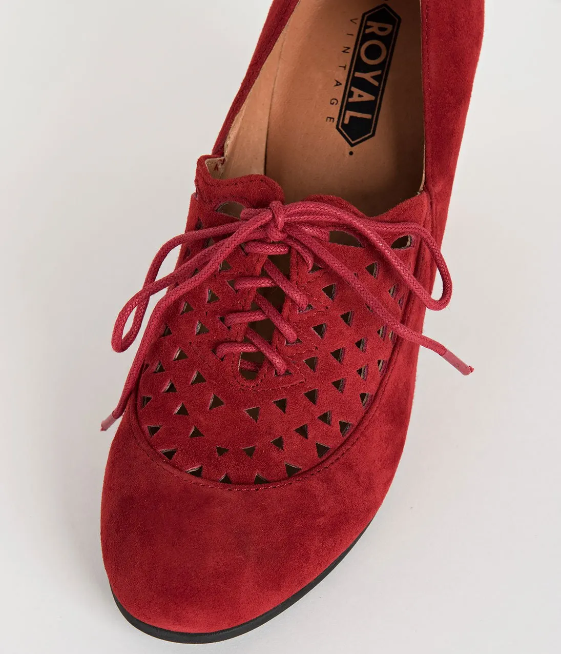 Royal Vintage 1940s Style Red Suede Leather Cutout Alice Oxford Heels