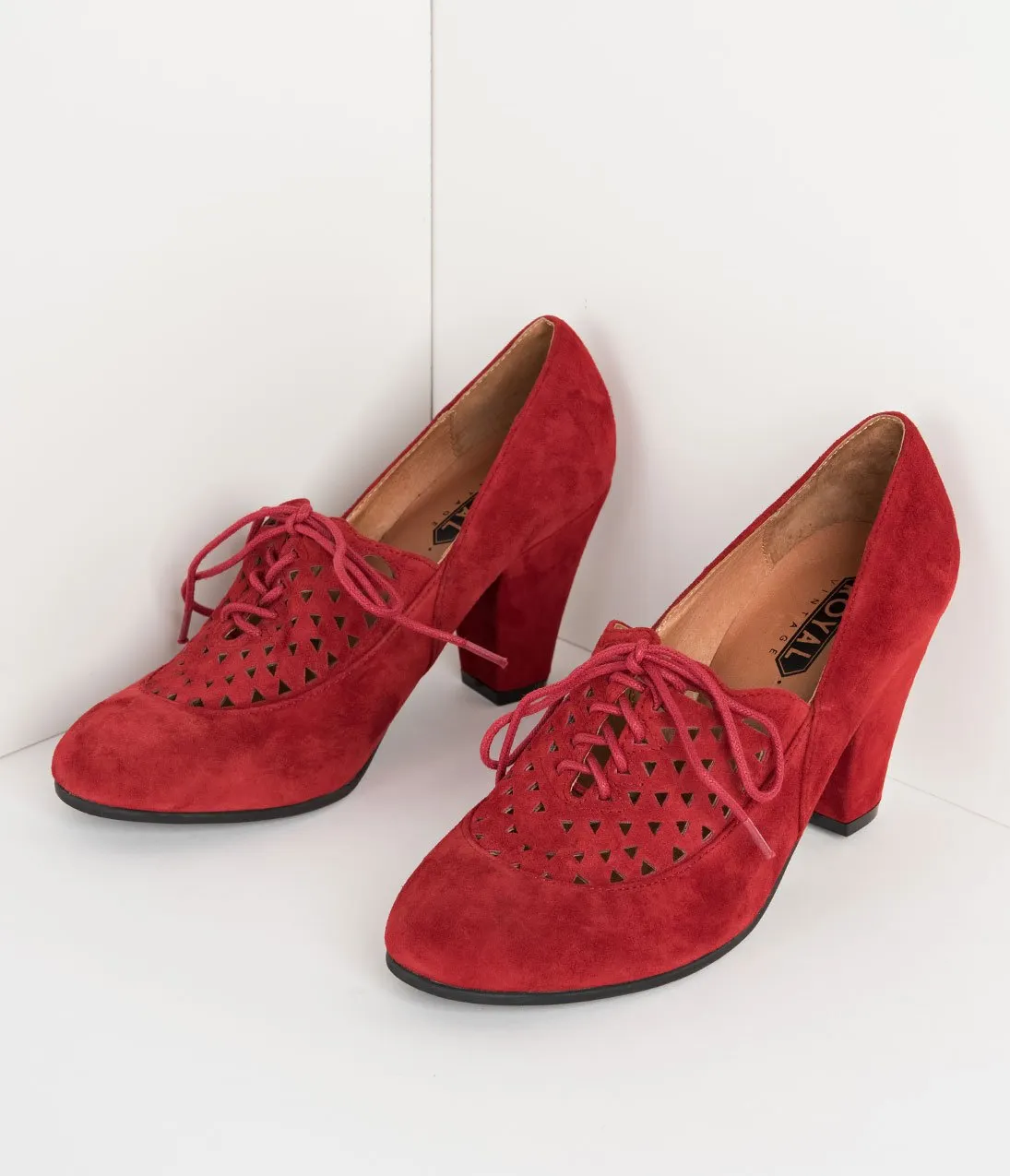 Royal Vintage 1940s Style Red Suede Leather Cutout Alice Oxford Heels