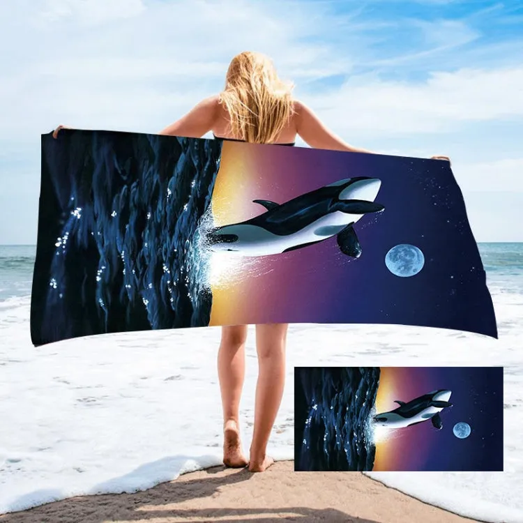 Seaside Portable Microfiber Beach Swim Printed Bath Towel 150x75cm(Shark   Moon)