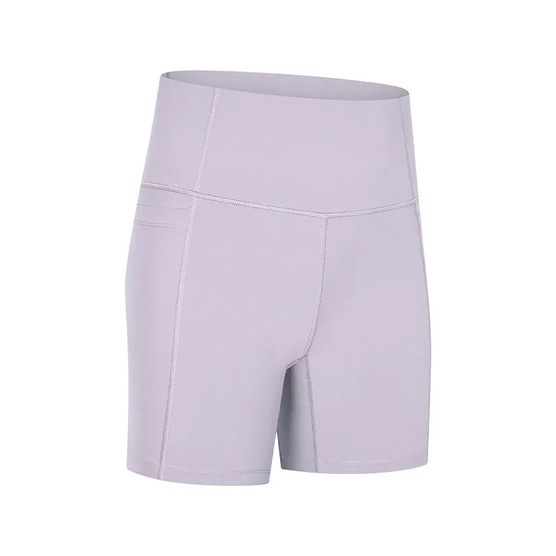 Spring Summer Patchwork Side Pocket Sports Short Length Pants Women's High Waist Hip Lift Stretch Tight Fitness Yoga Shorts