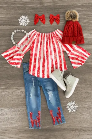 Striped Snowflake Sequin Denim Pant Set