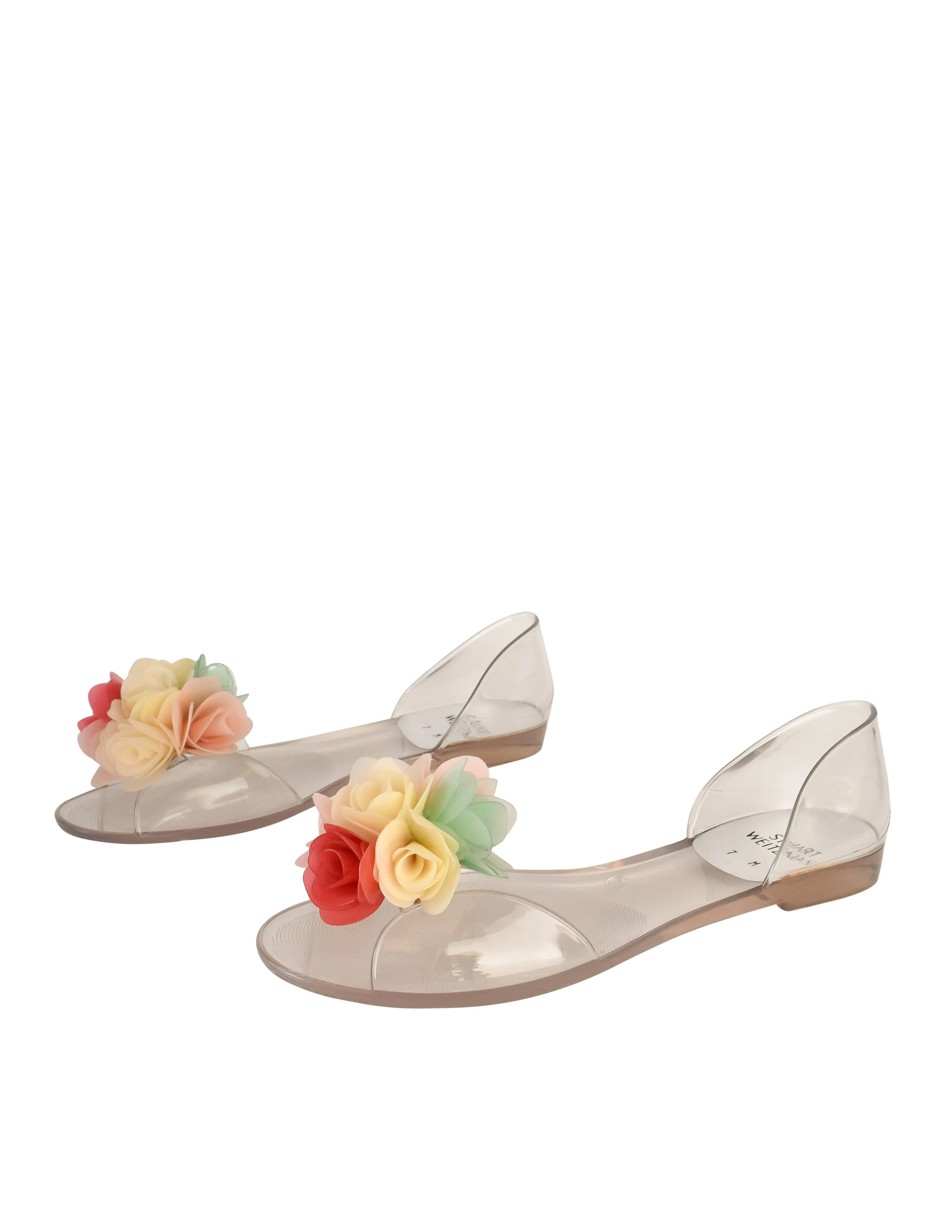 Stuart Weitzman Vintage Pastel Floral Bouquet Clear Flat Peep Toe Jellies Shoes