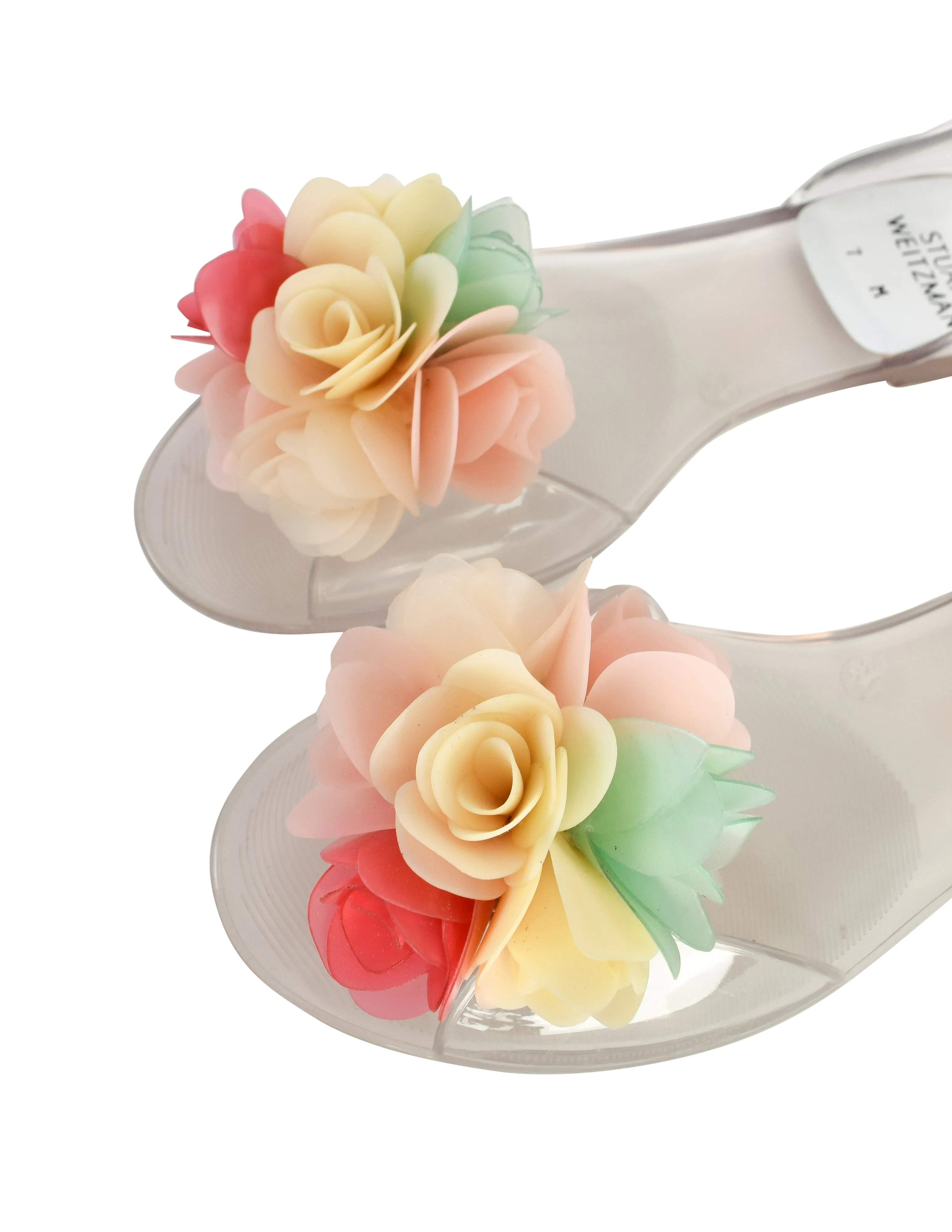 Stuart Weitzman Vintage Pastel Floral Bouquet Clear Flat Peep Toe Jellies Shoes