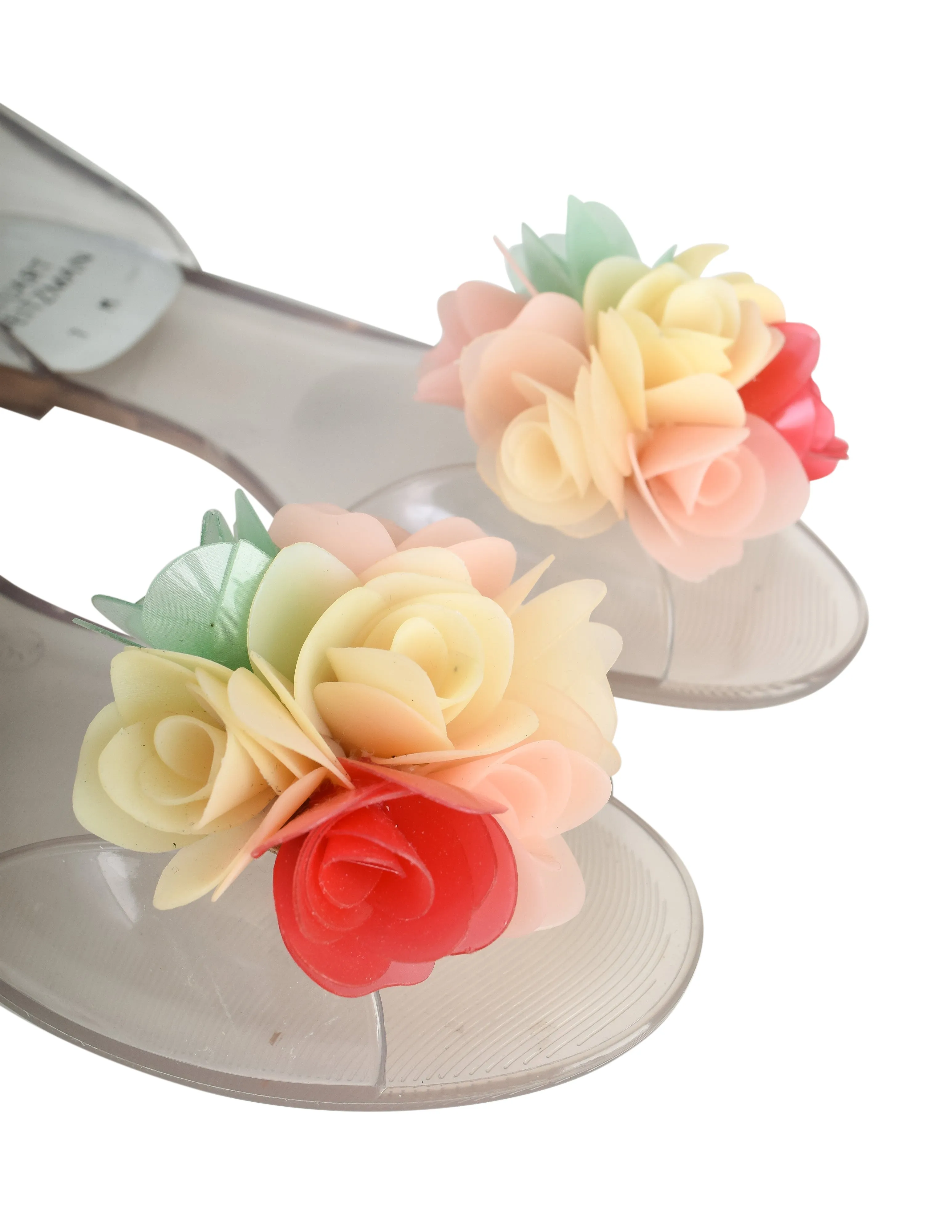 Stuart Weitzman Vintage Pastel Floral Bouquet Clear Flat Peep Toe Jellies Shoes