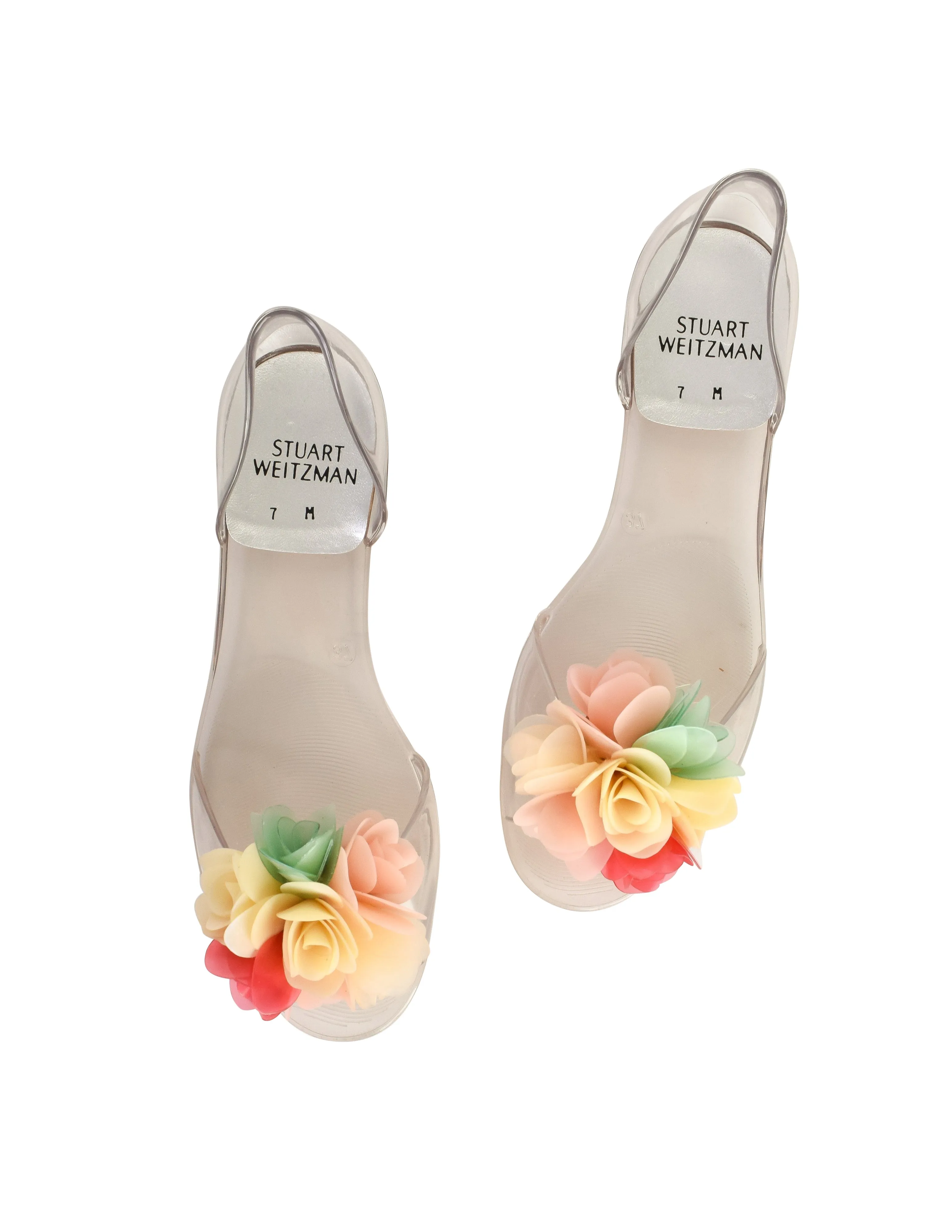 Stuart Weitzman Vintage Pastel Floral Bouquet Clear Flat Peep Toe Jellies Shoes