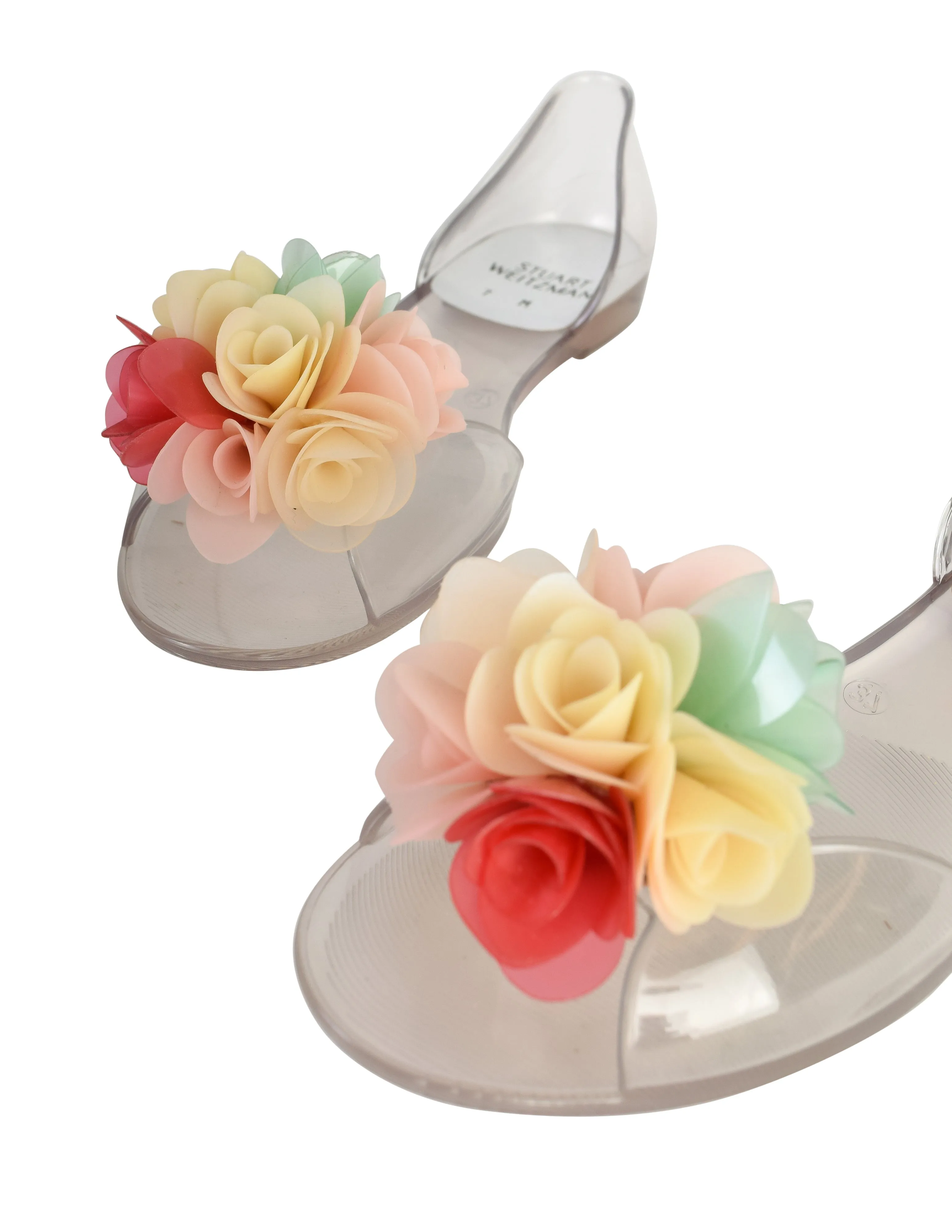 Stuart Weitzman Vintage Pastel Floral Bouquet Clear Flat Peep Toe Jellies Shoes