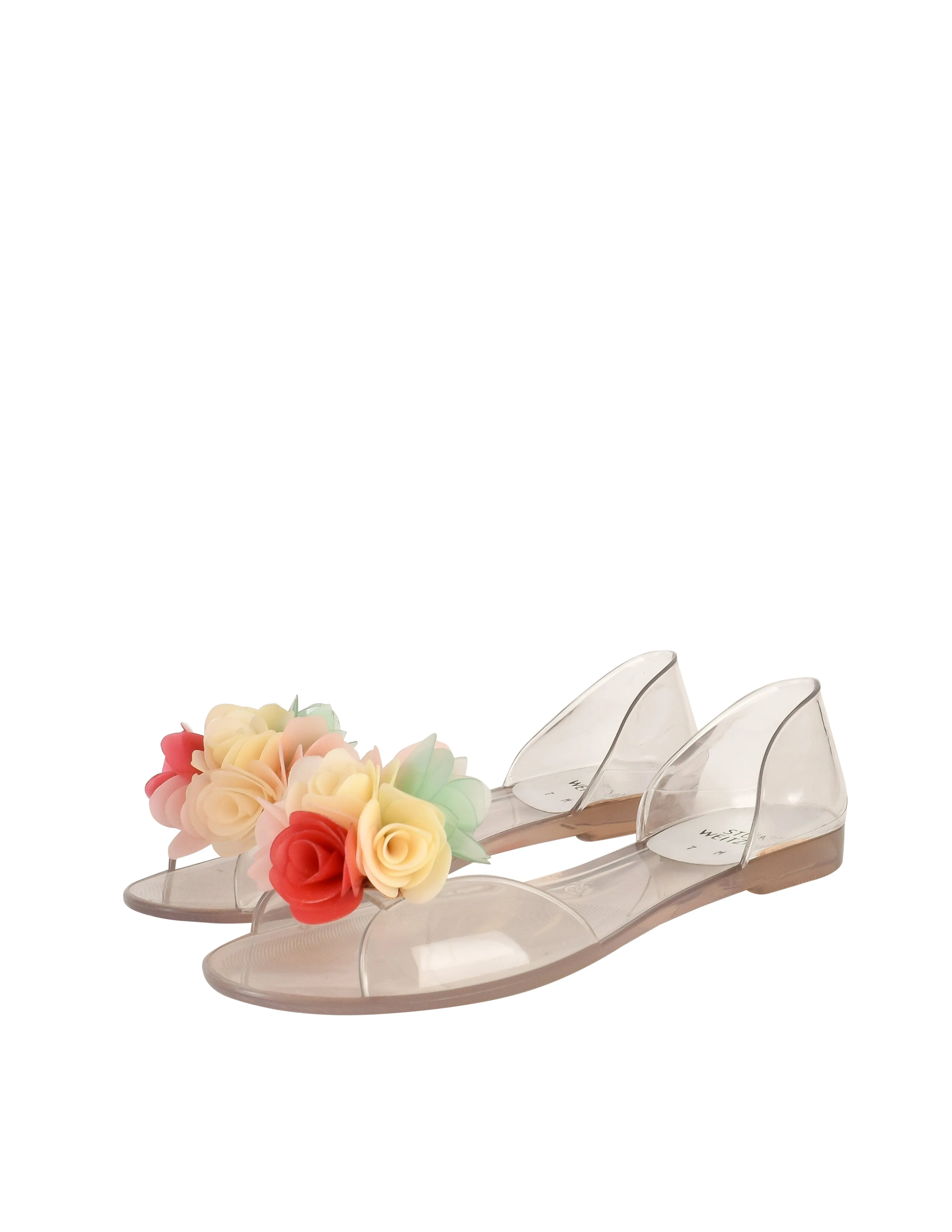 Stuart Weitzman Vintage Pastel Floral Bouquet Clear Flat Peep Toe Jellies Shoes