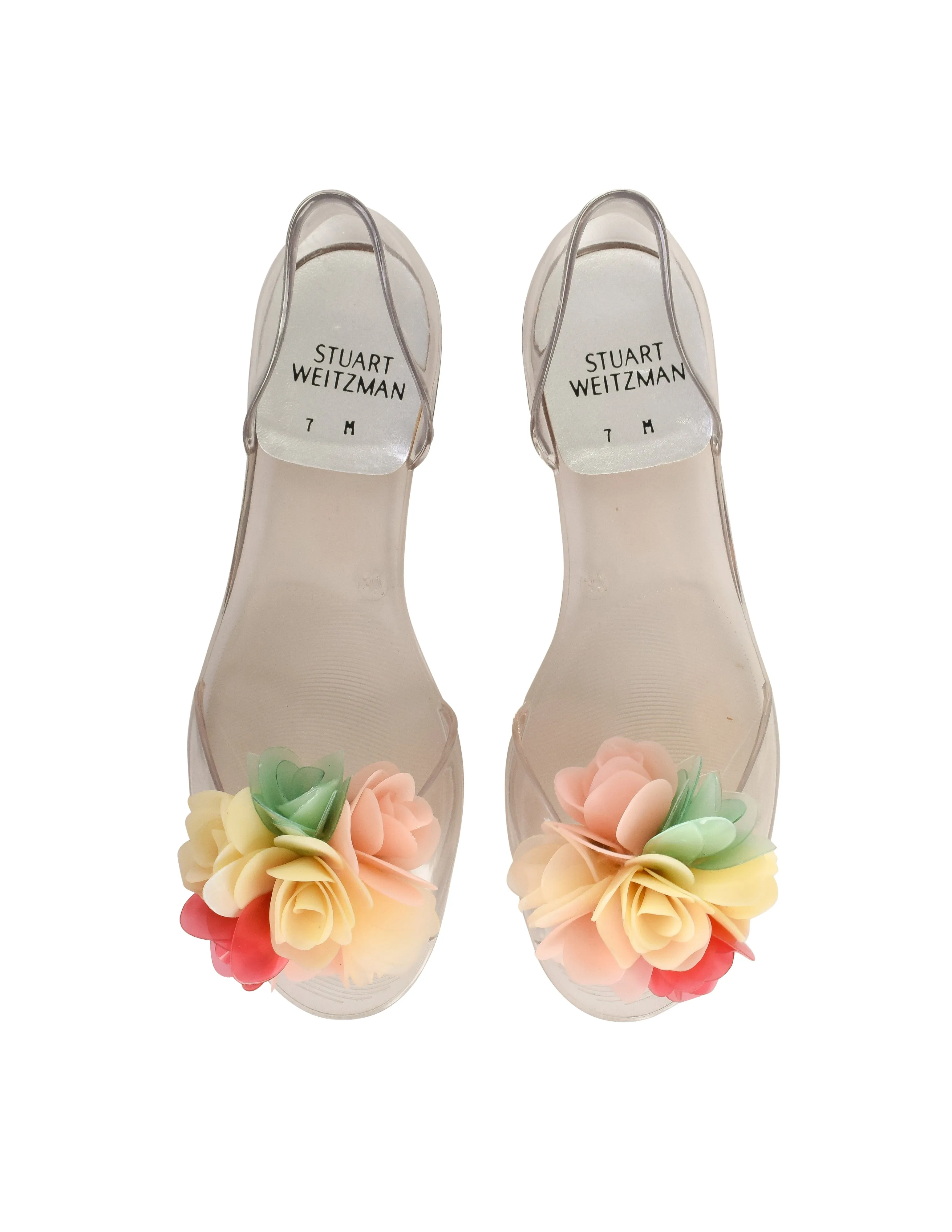 Stuart Weitzman Vintage Pastel Floral Bouquet Clear Flat Peep Toe Jellies Shoes