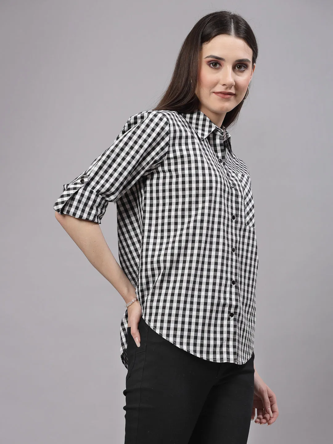 Style Quotient Women Black and White Checks Casual Fit Shirt