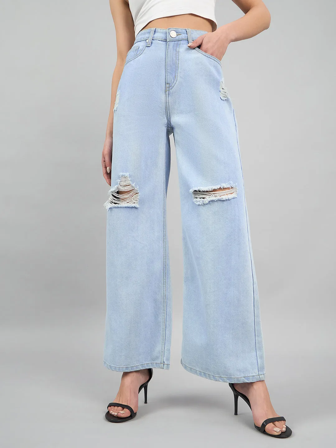 Style Quotient Women Light Blue Wide Leg High Rise Jeans