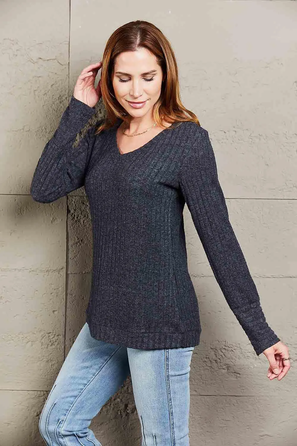 V-Neck Long Sleeve Ribbed Top