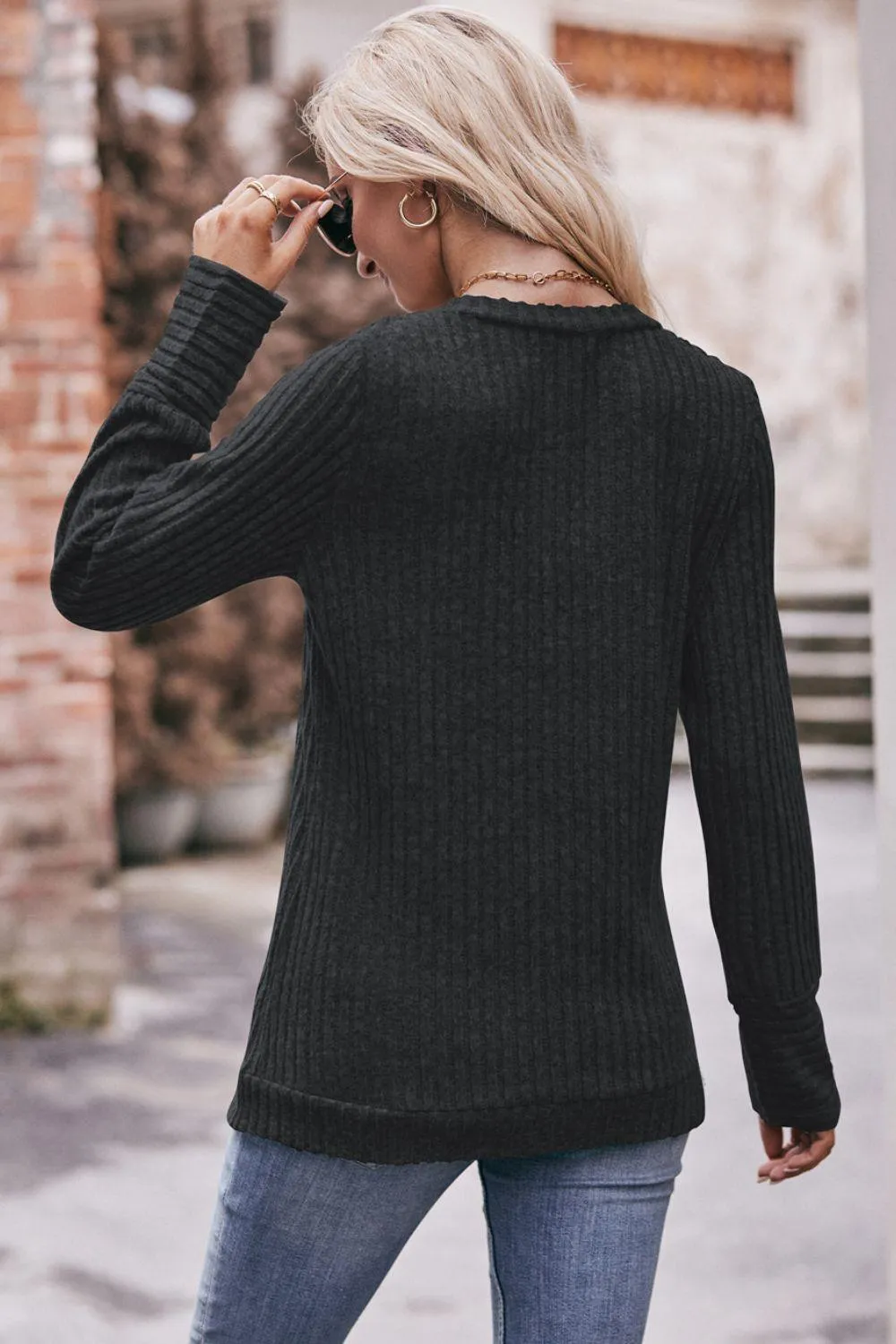 V-Neck Long Sleeve Ribbed Top