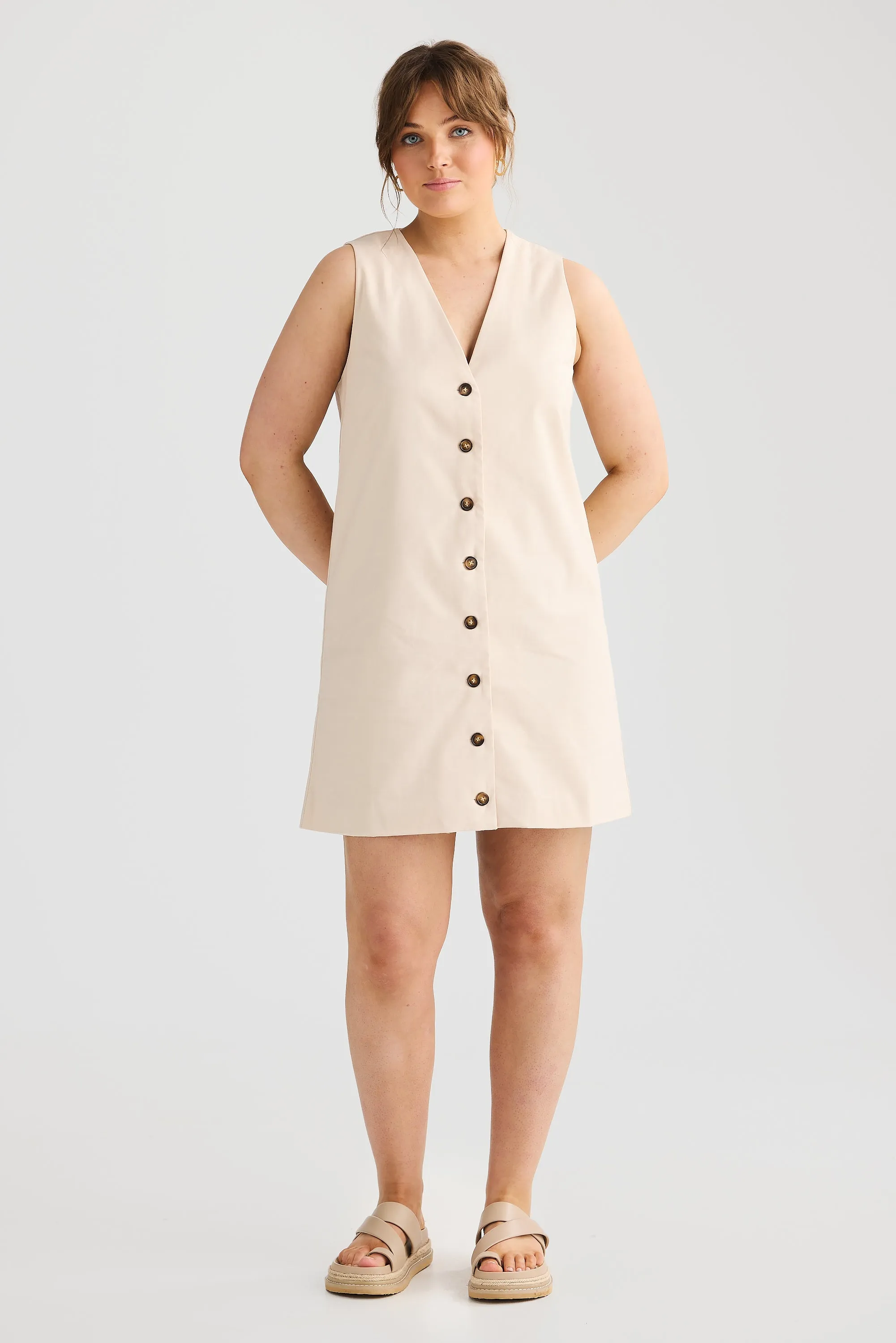 V Neck Mini Dress - Ecru